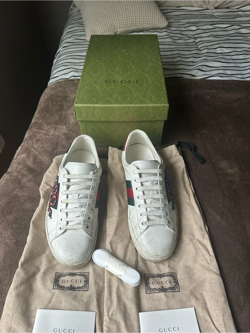 Gucci White Leather Ace Sneakers with Red Snake and Green-Red Web